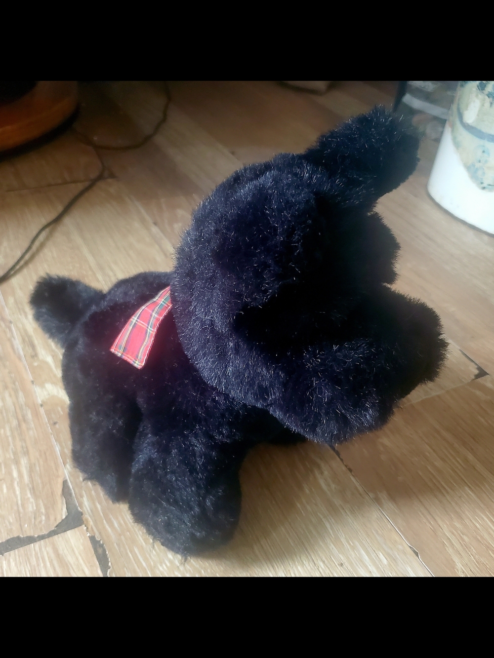 1985 Prestige Toy Corp. Plush Black Scottie Dog w. Red & Green Plaid Bow
